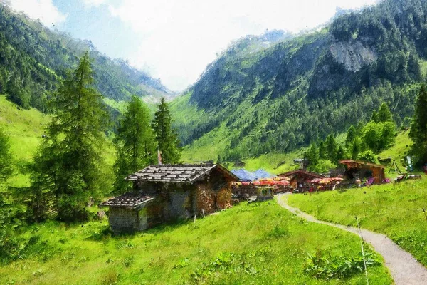 Ölgemälde Des Österreichischen Tirols Bauernland Den Hohen Tauern lizenzfreie Stockfotos