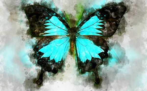 Ilustración Acuarela Mariposa Exótica Ulises Papilio Ulysses — Foto de Stock