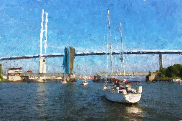 Pinted Boat Harbor Ruegen Dam Bridge Island Ruegen View Stralsund — Stock Photo, Image