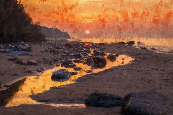 Målad Akrylbild Ruegen Solnedgången Kritakusten Sassnitz Tyskland — Stockfoto