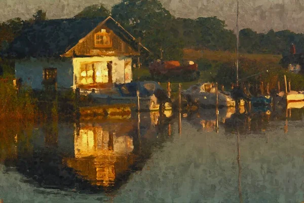 在吕根岛上的博登岛上画了传统的渔民小屋 船在水里 夜晚气氛 — 图库照片