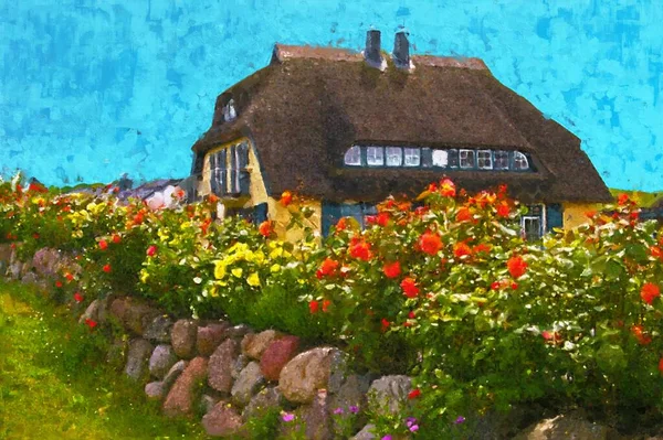 Gemaltes Traditionelles Schilfdach Gedecktes Haus Mit Hüttengarten Auf Insel Rügen Stockfoto