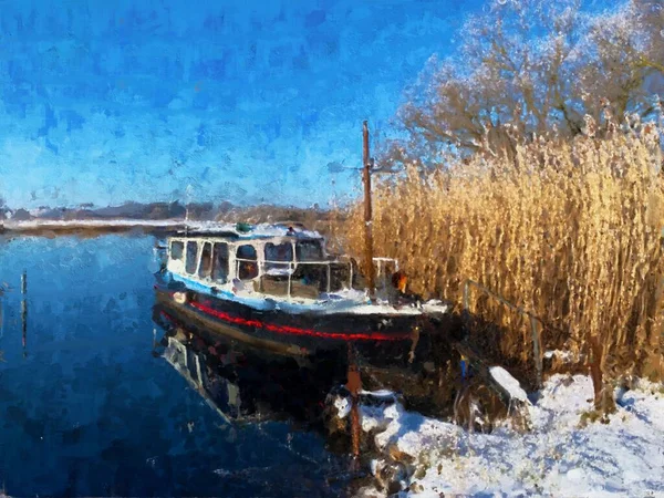 Akryl Målningar Husbåt Floden Havel Vintern — Stockfoto