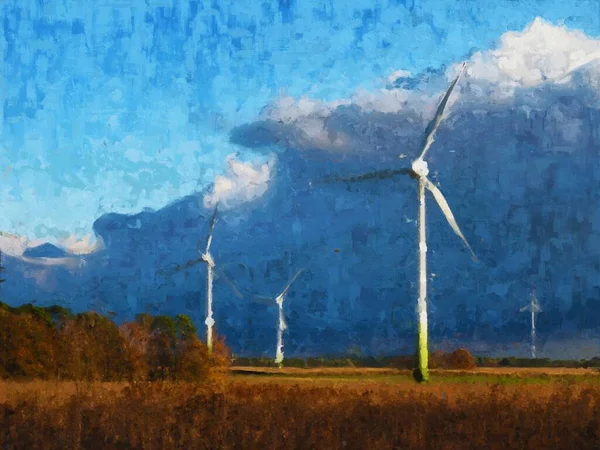 Acryl Schilderen Van Windturbines Een Veld Herfst — Stockfoto