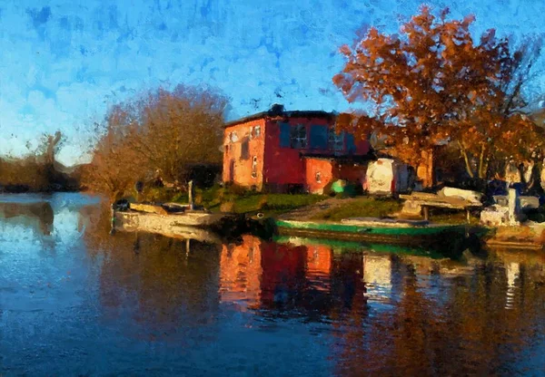 Akrylmålning Ett Fiskarhus Vid Floden Havel Båtar Reflekteras Vattnet Höst — Stockfoto