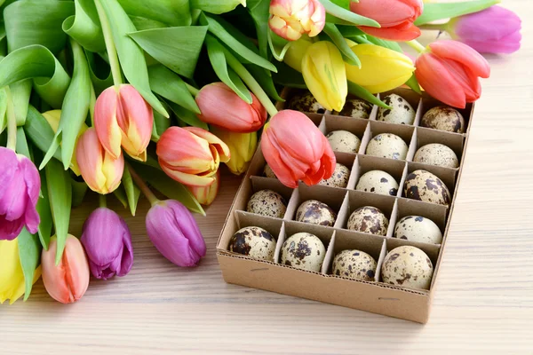 Springtime decoration with tulips and Quail eggs — Stock Photo, Image