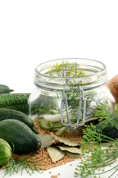 Homemade cucumbers in jar glass with herbs like dill and onions — Stock Photo, Image