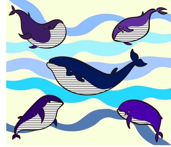 Illustration five cheerful whale — Stock Vector