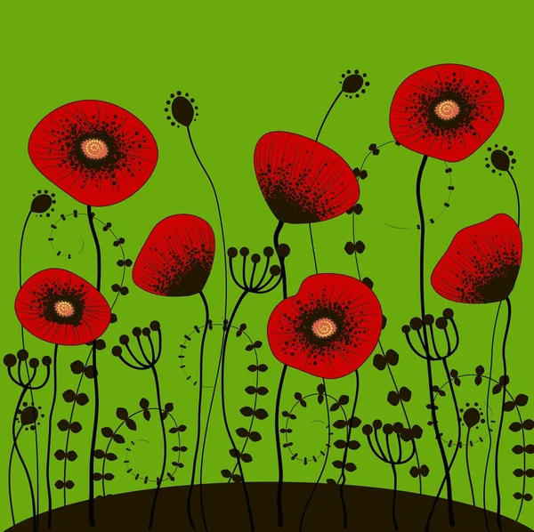 Fondo verde brillante con amapolas rojas — Vector de stock