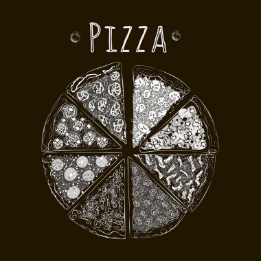 Pizza bir tahtaya tebeşir farklı türde parçalar halinde kesilmiş