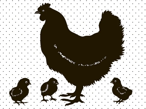 Silhouetten Huhn mit drei kleinen Küken — Stockvektor