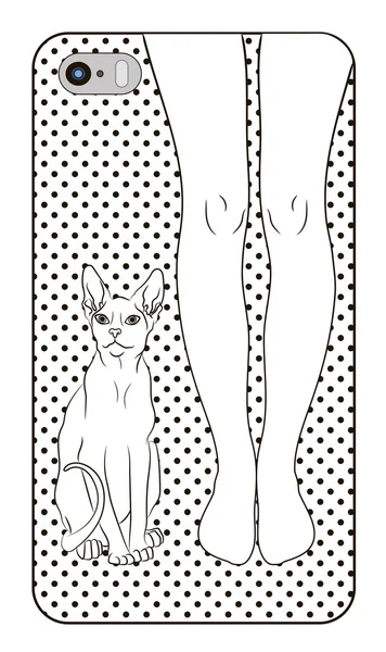 Ilustração da capa em um telefone celular pés femininos e um gato — Vetor de Stock