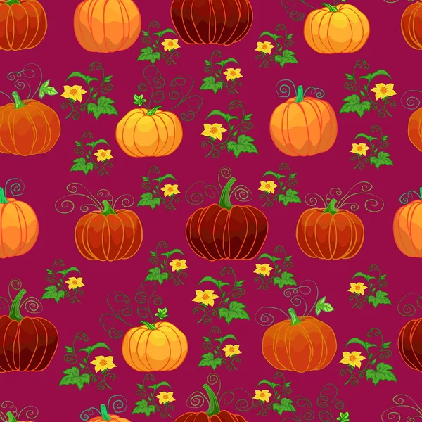 Calabazas de fondo sin costura y flores de calabaza — Vector de stock