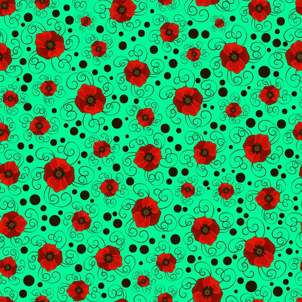 Amapolas sin costura sobre un fondo verde — Vector de stock