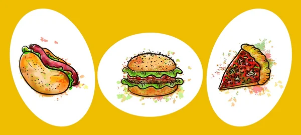 Vector de pizza de comida rápida y hamburguesas — Vector de stock