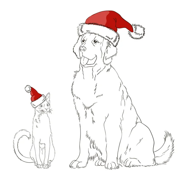 Bir köpek ve kedi içinde Noel şapka çizim — Stok Vektör