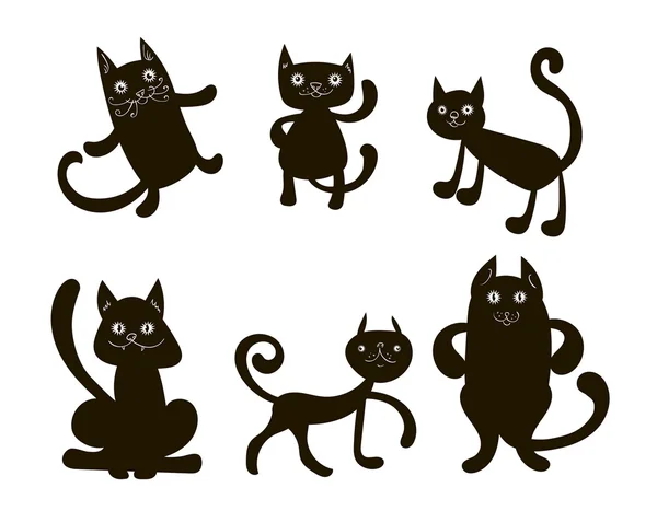 Seis gatos Doodle vetor preto — Vetor de Stock