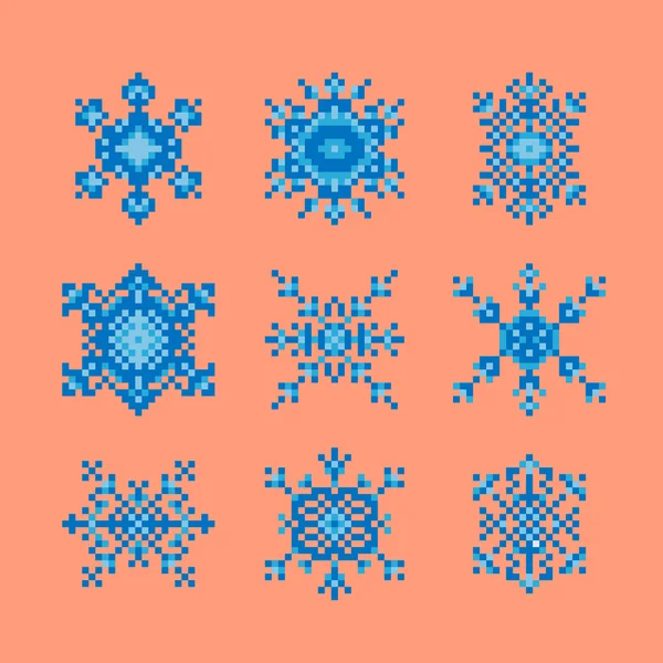 Samling av pixel konst stil snöflingor Stockvektor