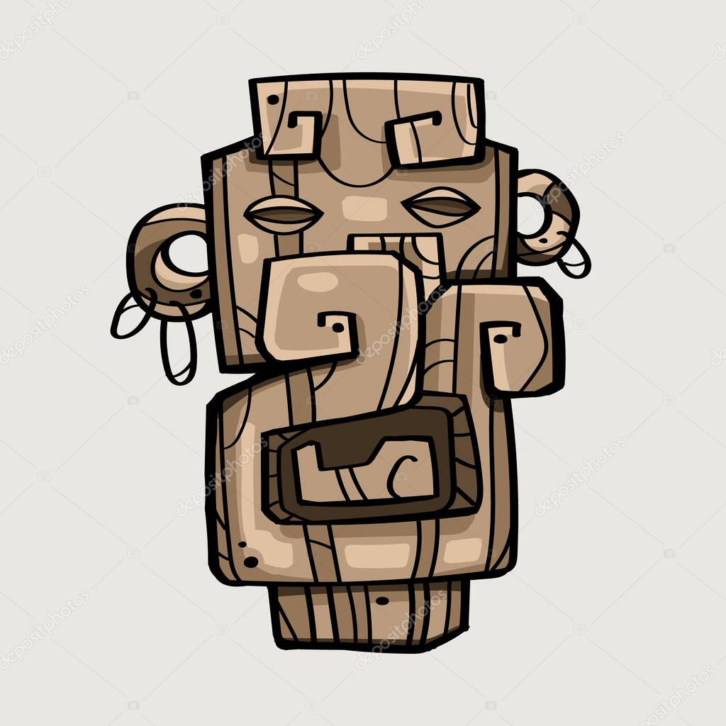 Abstract shamanic mask made of wood. The illustration is stylized in a cartoon style