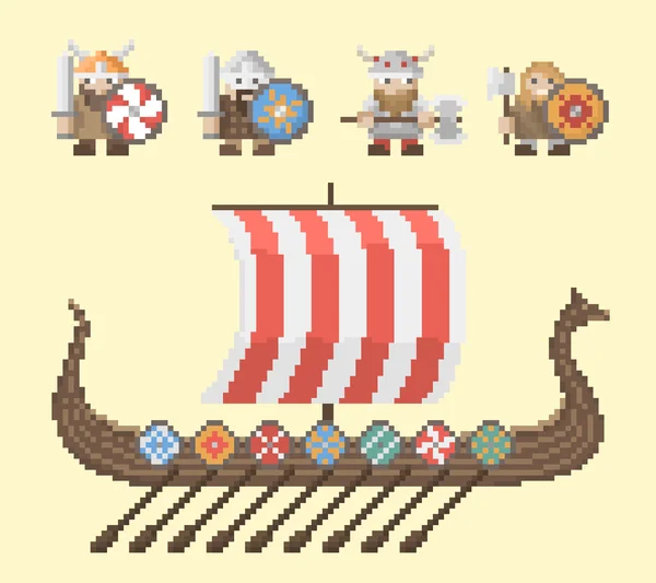 Pixel Art stijl Vikingen en het schip Set — Stockvector