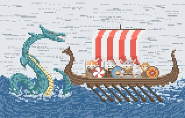 Битва викингов с морским драконом — стоковый вектор