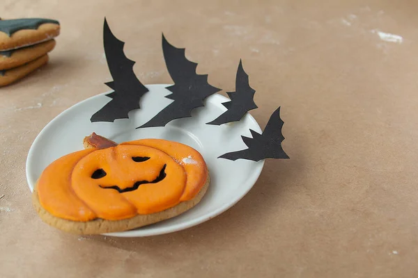 Fiesta Halloween Galletas Con Calabaza Fantasma Glaseado Murciélagos Hecho Mano —  Fotos de Stock