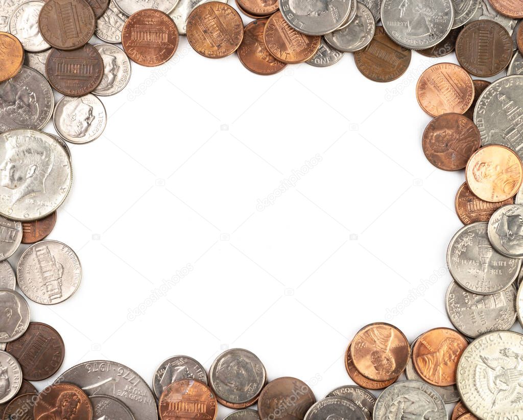 United States dollar coins over white background with copy space.