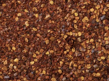 Üst manzara, kurutulmuş Calabrian biberinin yakın çekimi. Yemek arkaplanı.