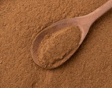 Üst manzara, ahşap bir kaşıkta zemin kimyonuna yakın çekim. Yemek arkaplanı.