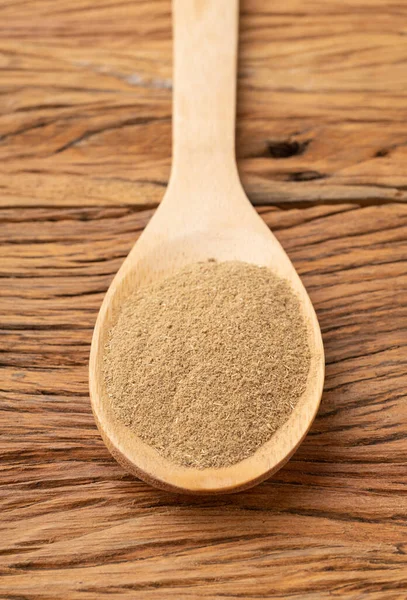 Closeup Ground Cumin Spoon Wooden Table — Stock Photo, Image