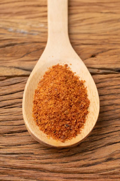 Closeup Cayenne Pepper Spoon Wooden Table — Stock Photo, Image