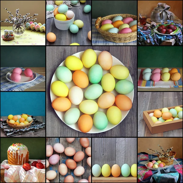 나무 테이블에 부활절 색된 달걀. — 스톡 사진