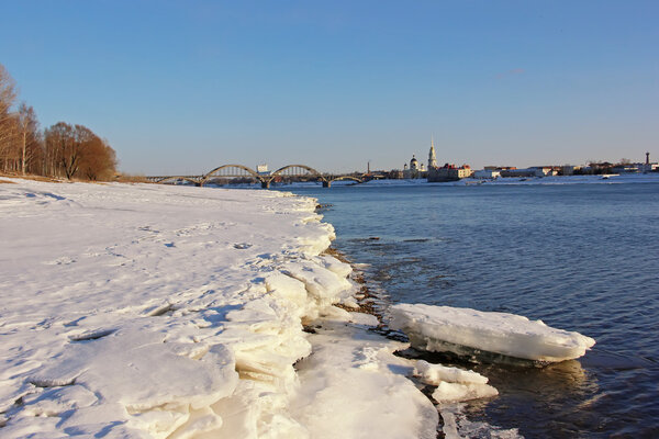 Spring landscape on the banks of the Volga river in Rybinsk.