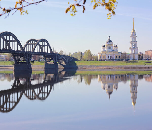 View of the bridge and the Cathedral in the city of Rybinsk.