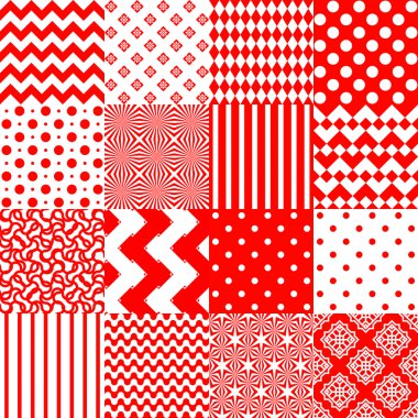 Kırmızı ve beyaz geometrik baskı ile sorunsuz arka planlar kümesi.