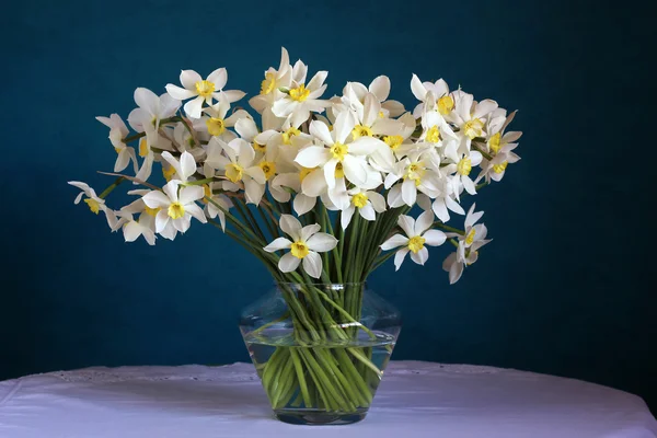 Natura morta con un bouquet di narcisi su sfondo blu . — Foto Stock