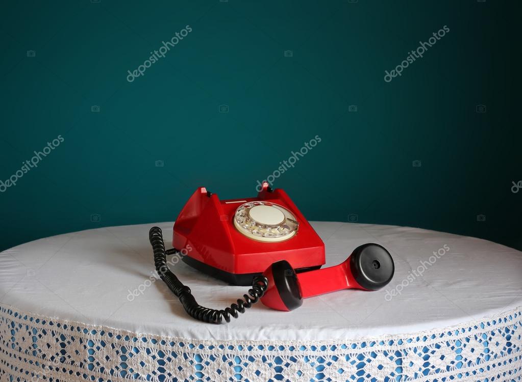 Red Retro Rotary Telephone On A Round Table Stock Photo Bar Red Retro Rotary Telephone On A Round Table Stock Photo