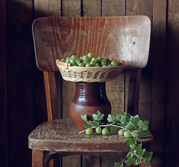 Green gooseberries in a basket on the chair. — Stock Photo, Image