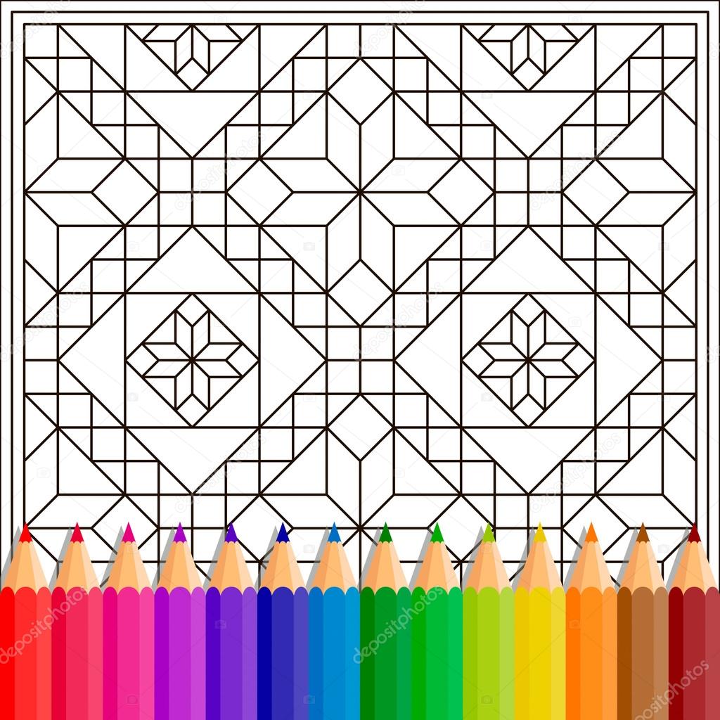 Per bambini da colorare libro caratteristiche modello geometrico e matite colorate Nero il contorno su un fondo bianco Immagine di vettore — Vettoriali di