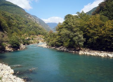Abhazya'da dağ nehirde yaz güneşli gün.