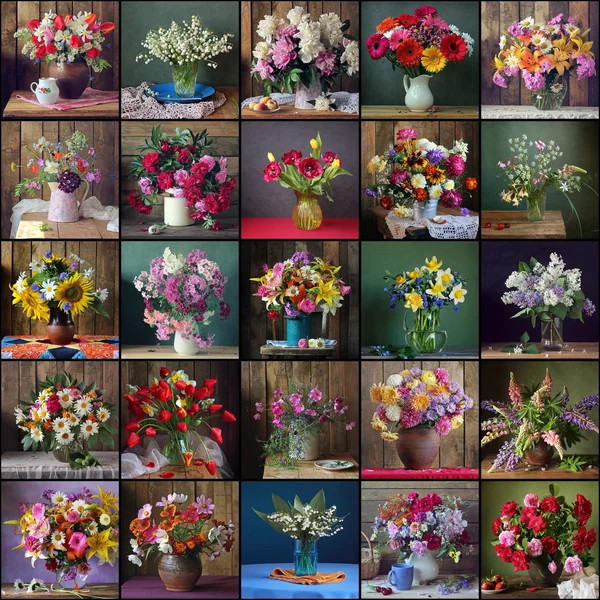 Collage von Stillleben mit Blumensträußen. — Stockfoto