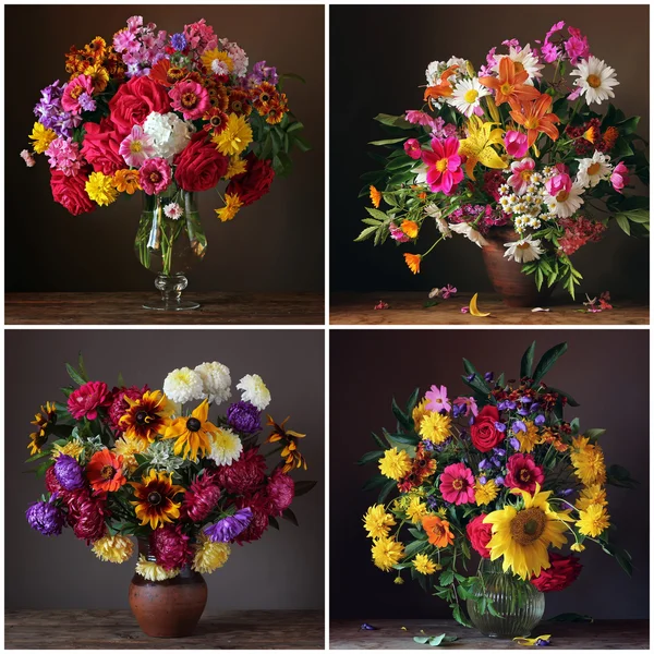 Collage von Stillleben mit Blumensträußen auf dunklem Hintergrund. — Stockfoto