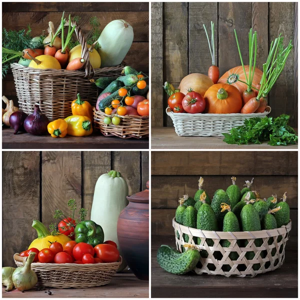 Un collage di nature morte con verdure nel cestino . — Foto Stock