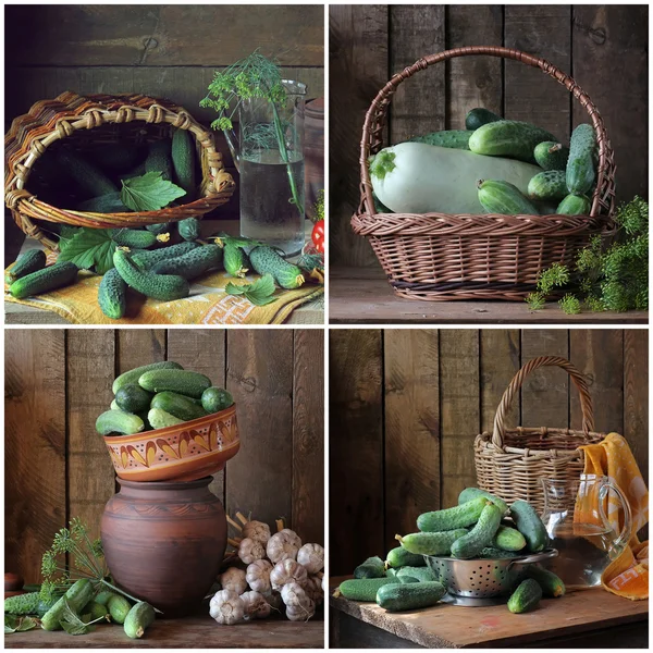 Koláž z Zátiší s okurky. Zelenina v košíku — Stock fotografie