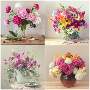 Collage of still lifes with bouquets on a light background. clipart