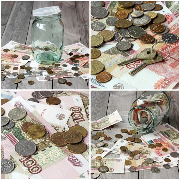 Empty glass jar and Russian money on the wooden floor.