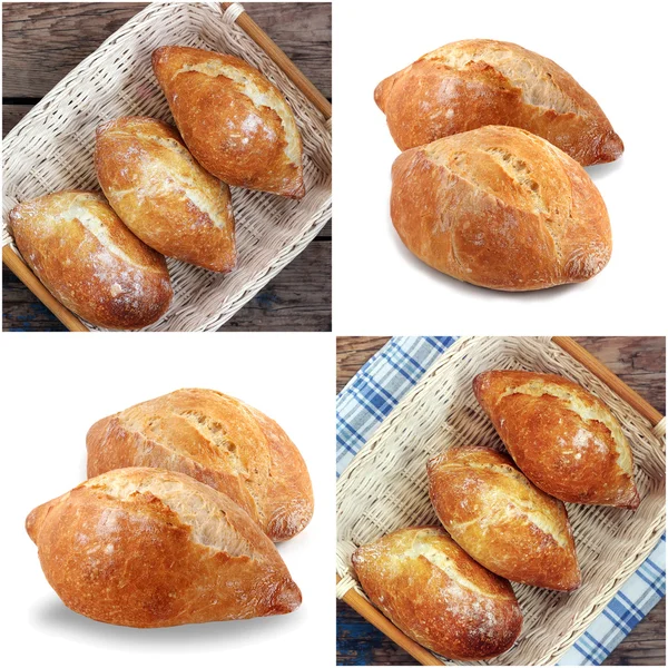 Sepet, üstten görünüm içinde Fransız ekmeği. Beyaz ekmek, taze hamur işleri, — Stok fotoğraf