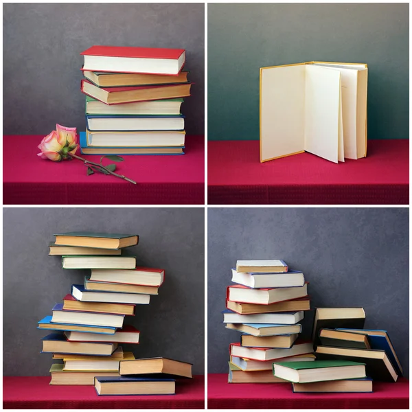 Rose et la pile de livres sur la table avec une nappe rouge . — Photo