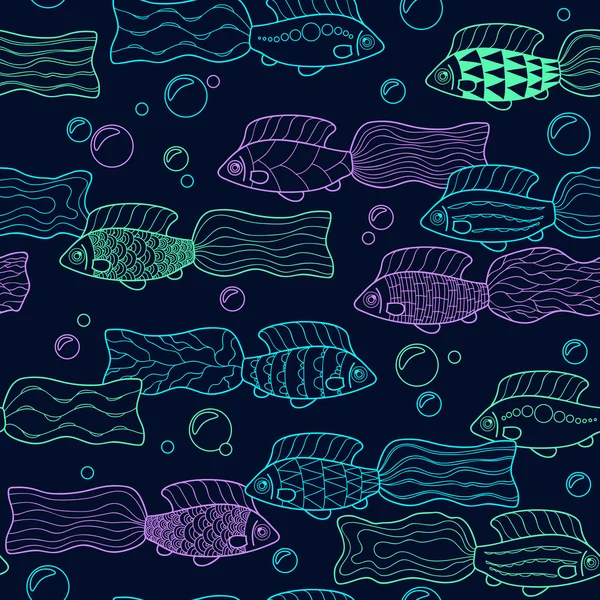 Nahtloses Muster mit handgezeichneten Neonfischen. Vektor. — Stockvektor