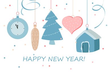 new year card with Christmas toys and confetti on a white background. vector flat illustration. clipart